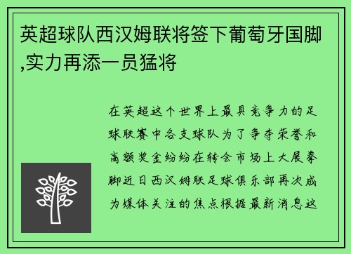 英超球队西汉姆联将签下葡萄牙国脚,实力再添一员猛将